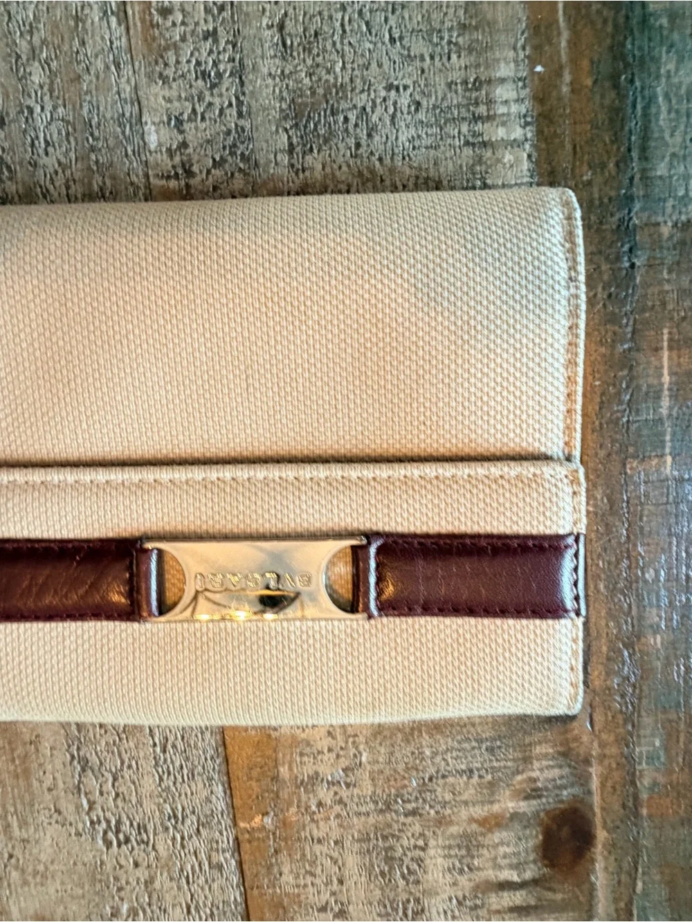 Bulgari Beige Canvas Wallet with Brown Leather Trim and Gold Plate